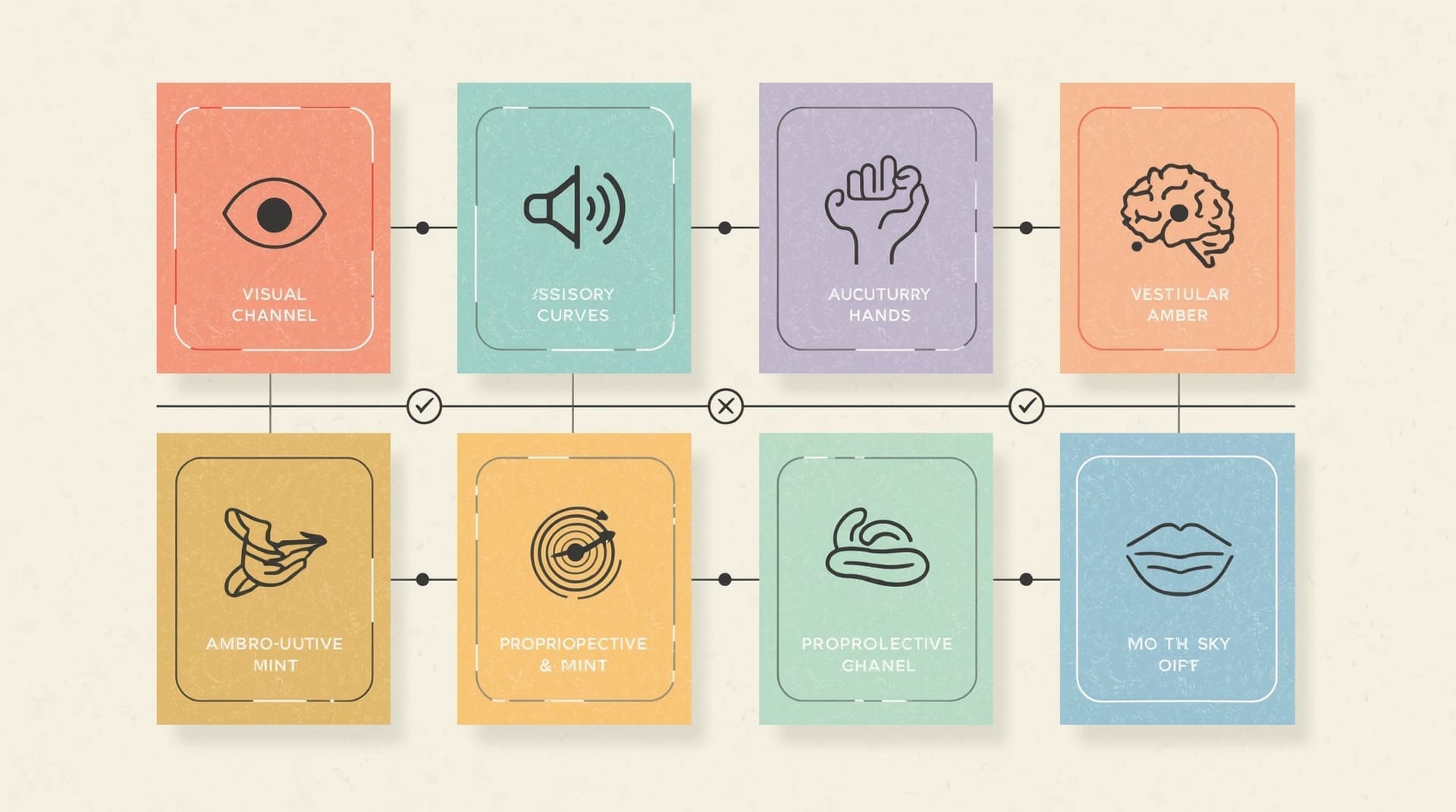 Infographic grid showing six sensory channel types of stimming behaviors
