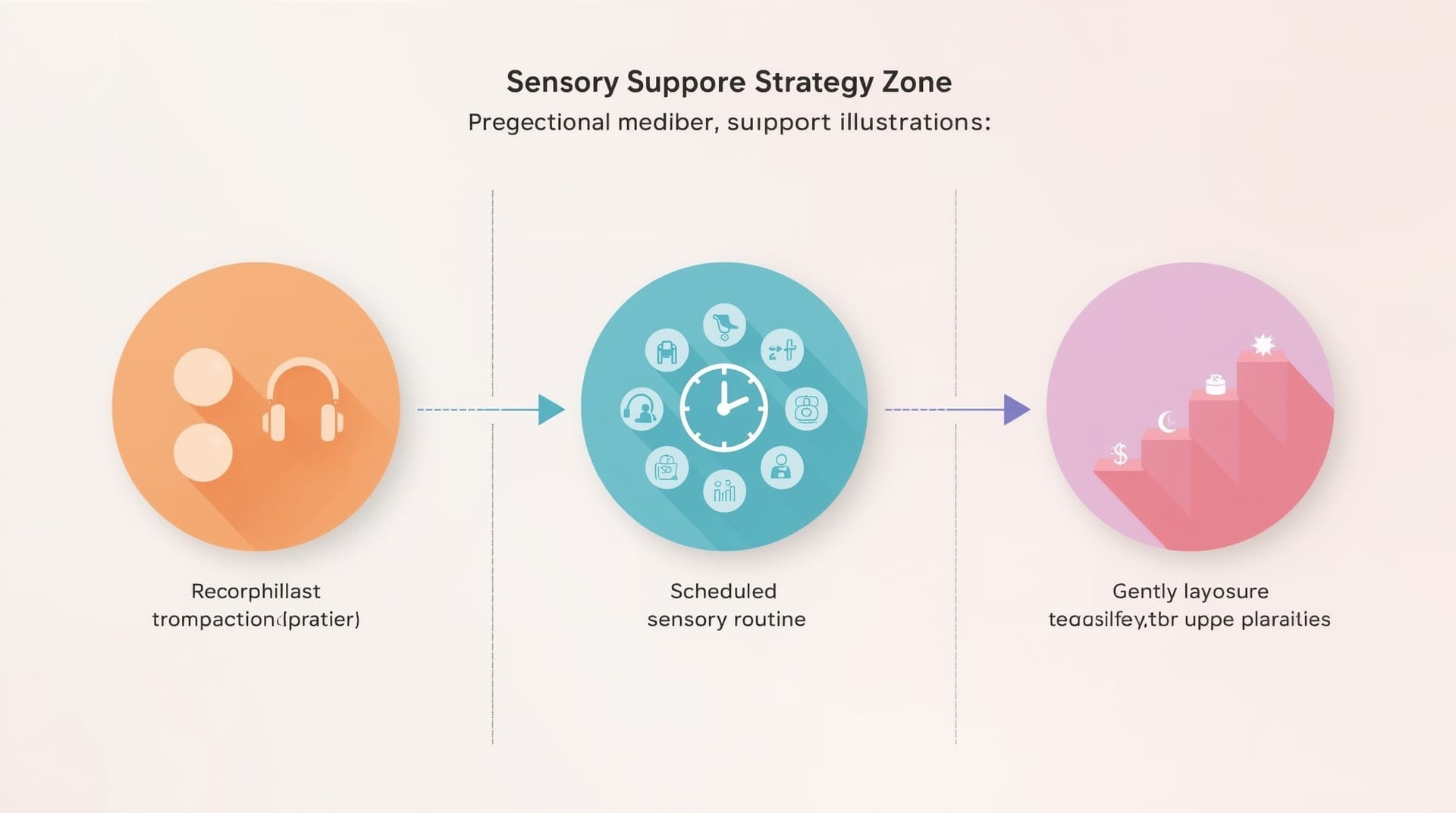 Infographic illustrating three sensory support strategies including environment modification sensory diet and gradual desensitization