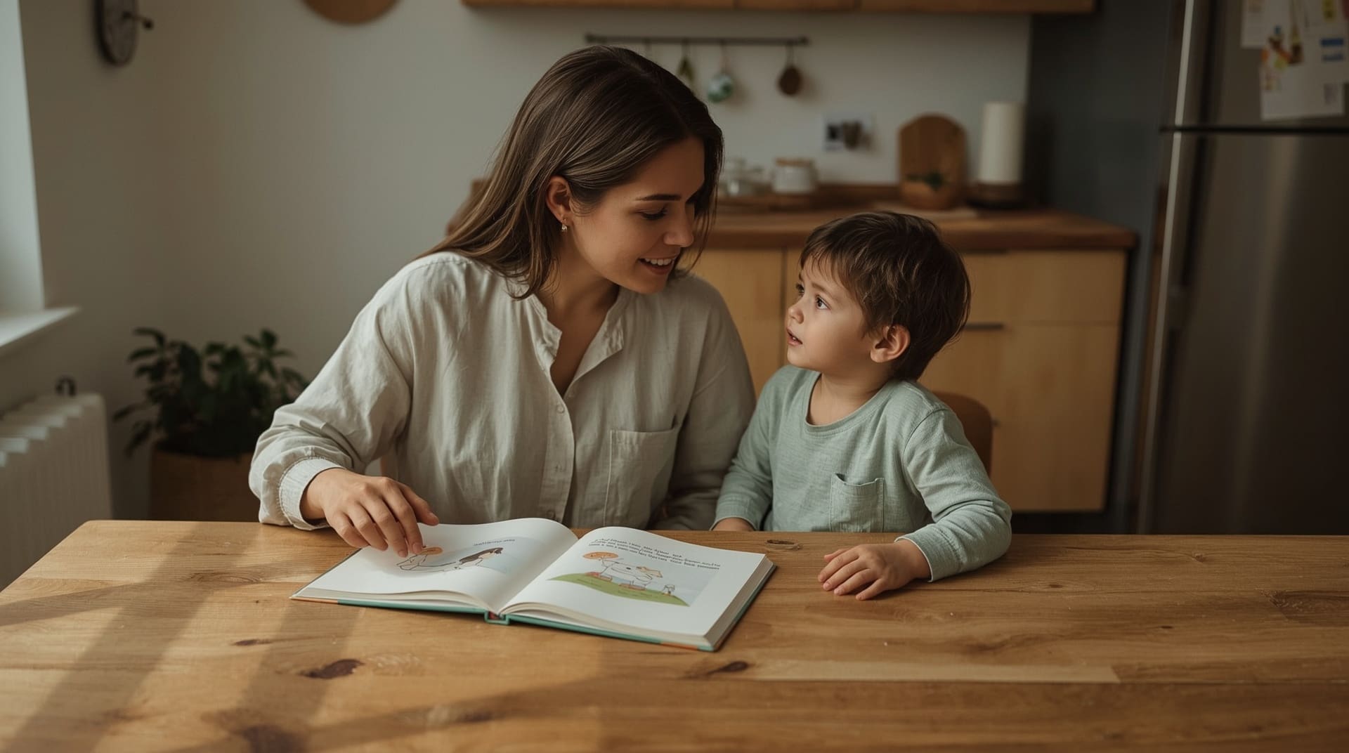 Mother and child practicing autism social skills together at home kitchen table