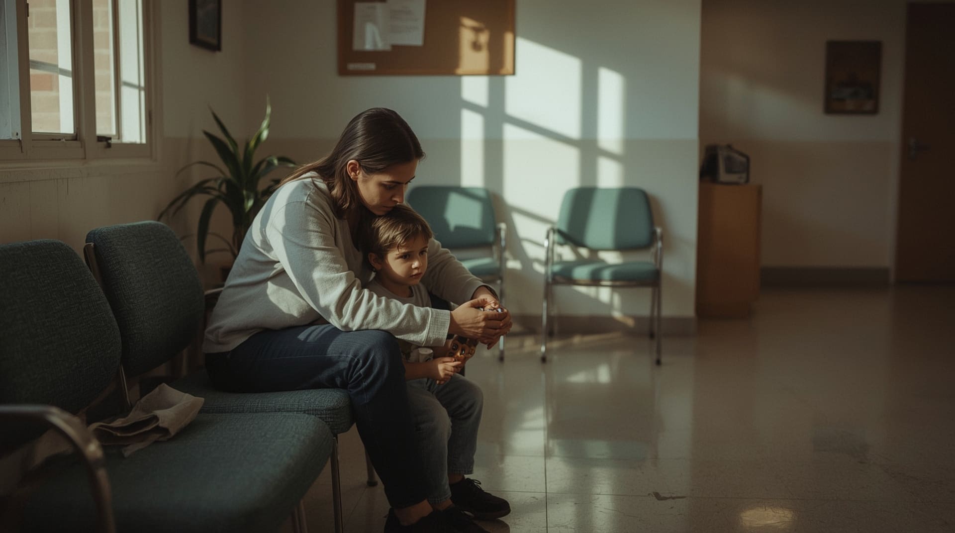 Parent and young child waiting together in pediatric clinic showing diagnostic access challenges