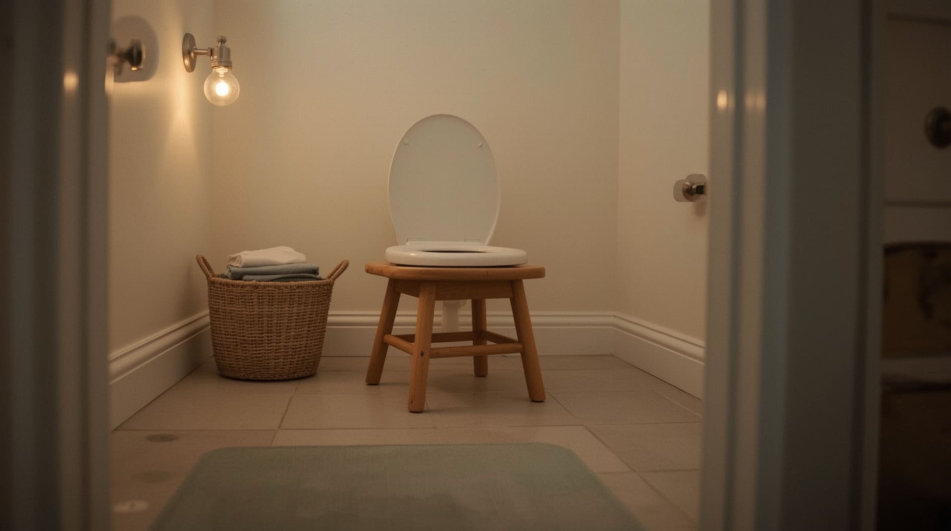 Sensory friendly child bathroom setup with footstool padded seat insert and soft lighting