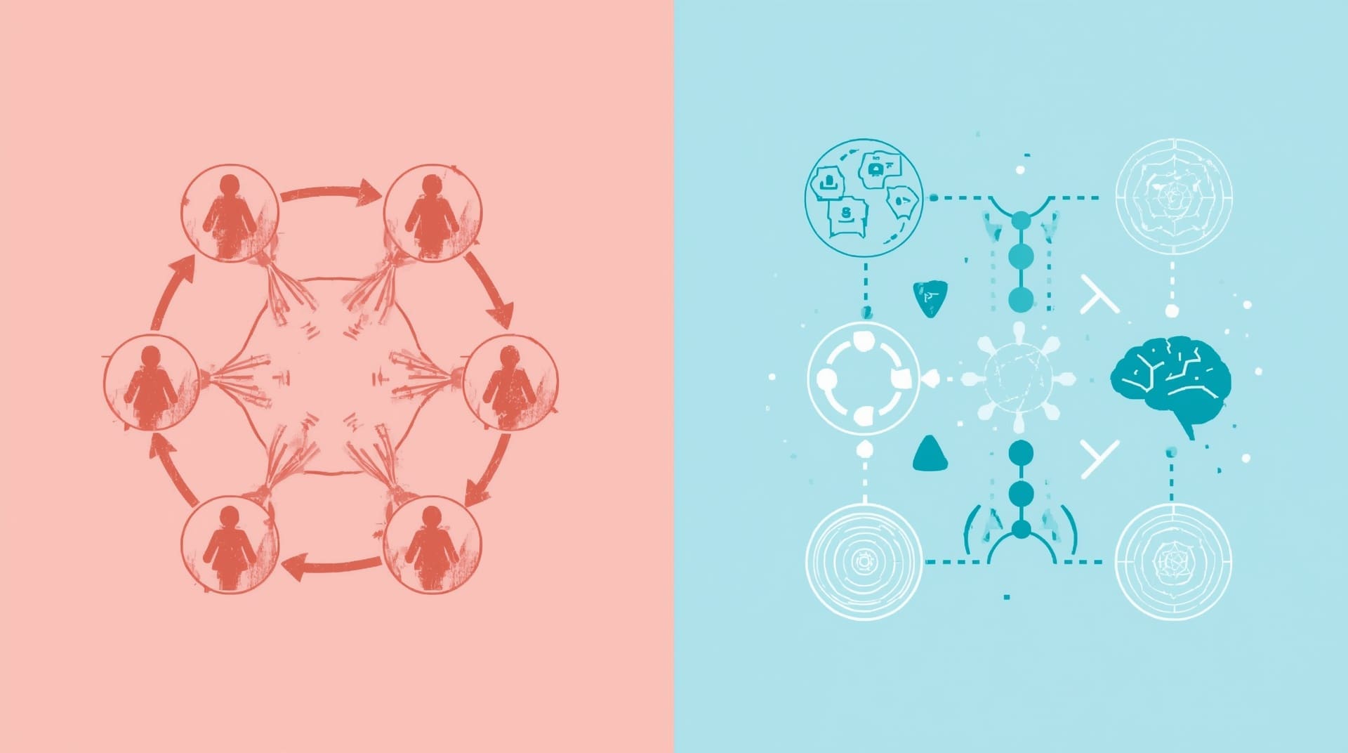 Split infographic illustrating social communication and repetitive behavior traits of autism