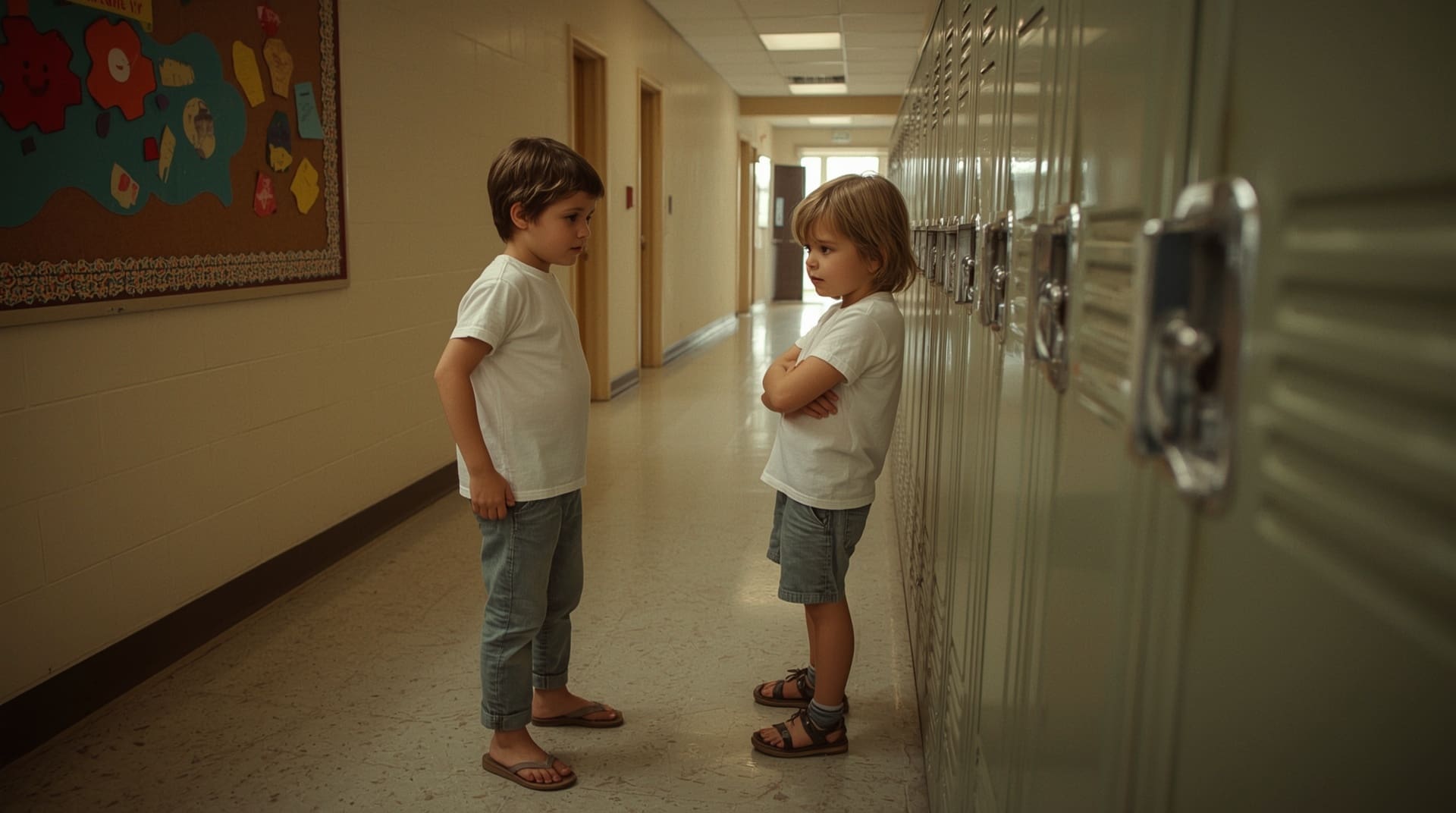 Two children in school hallway exchanging nonverbal social cues during conversation