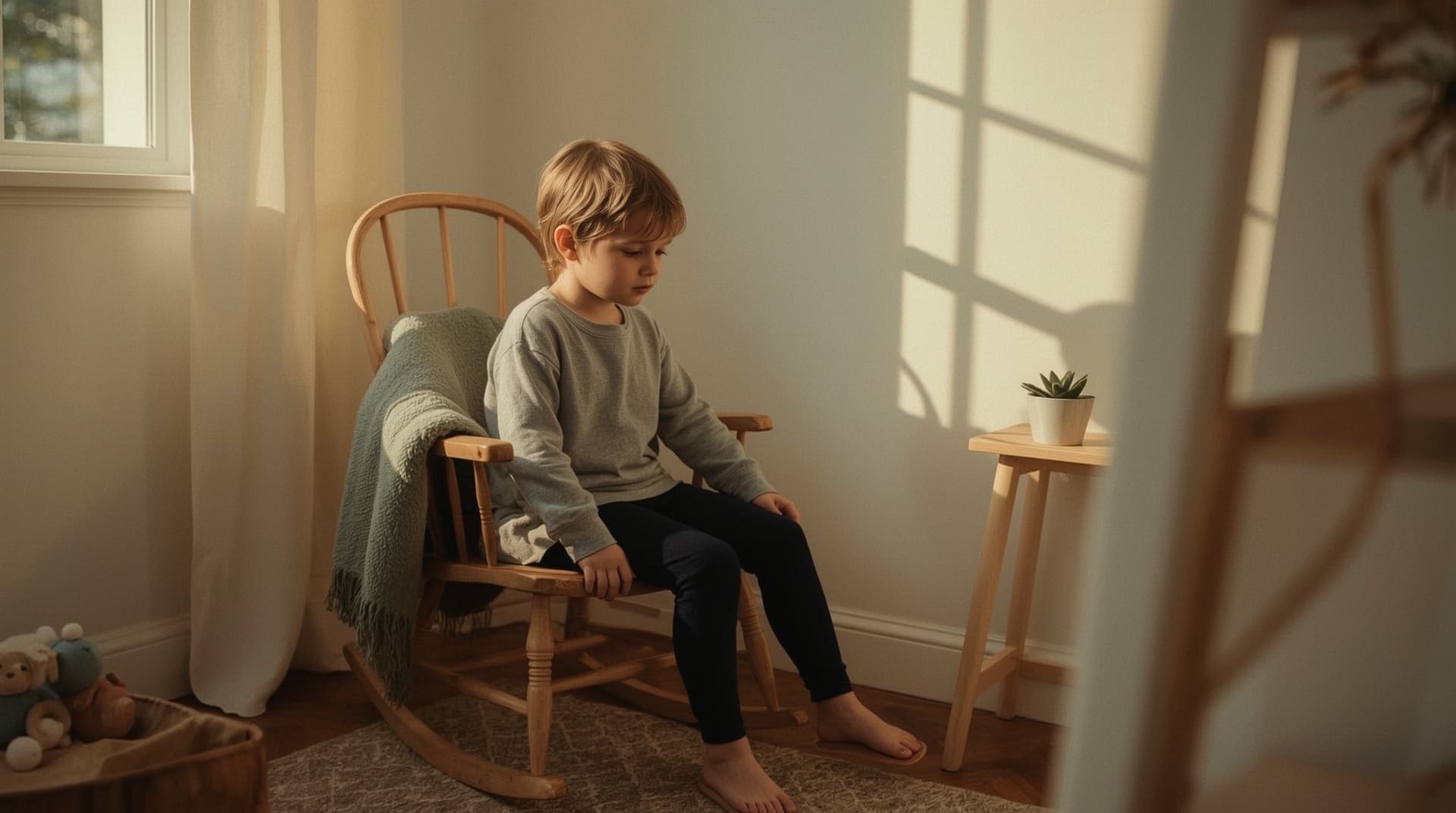 Young autistic child self-soothing in calm corner with rocking chair and weighted blanket