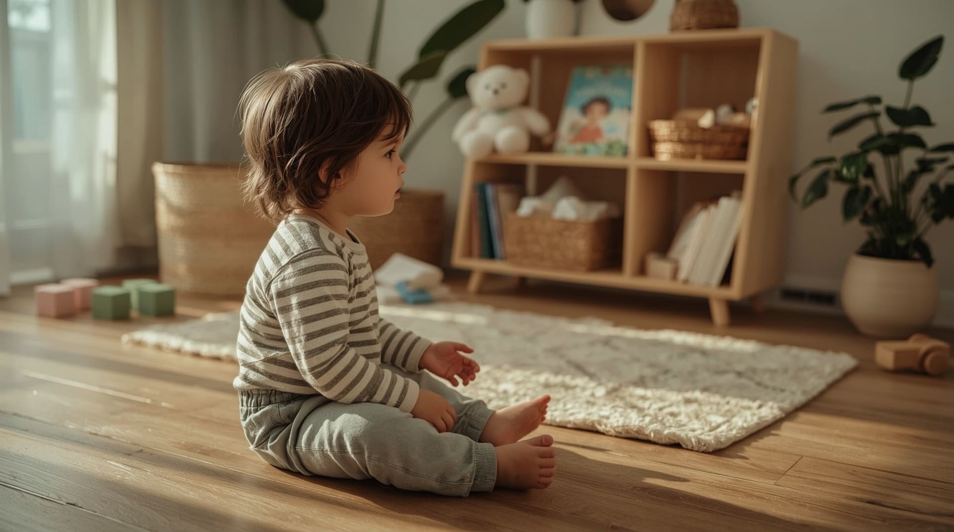 Young autistic child sitting on wooden floor vocalizing in warm afternoon light