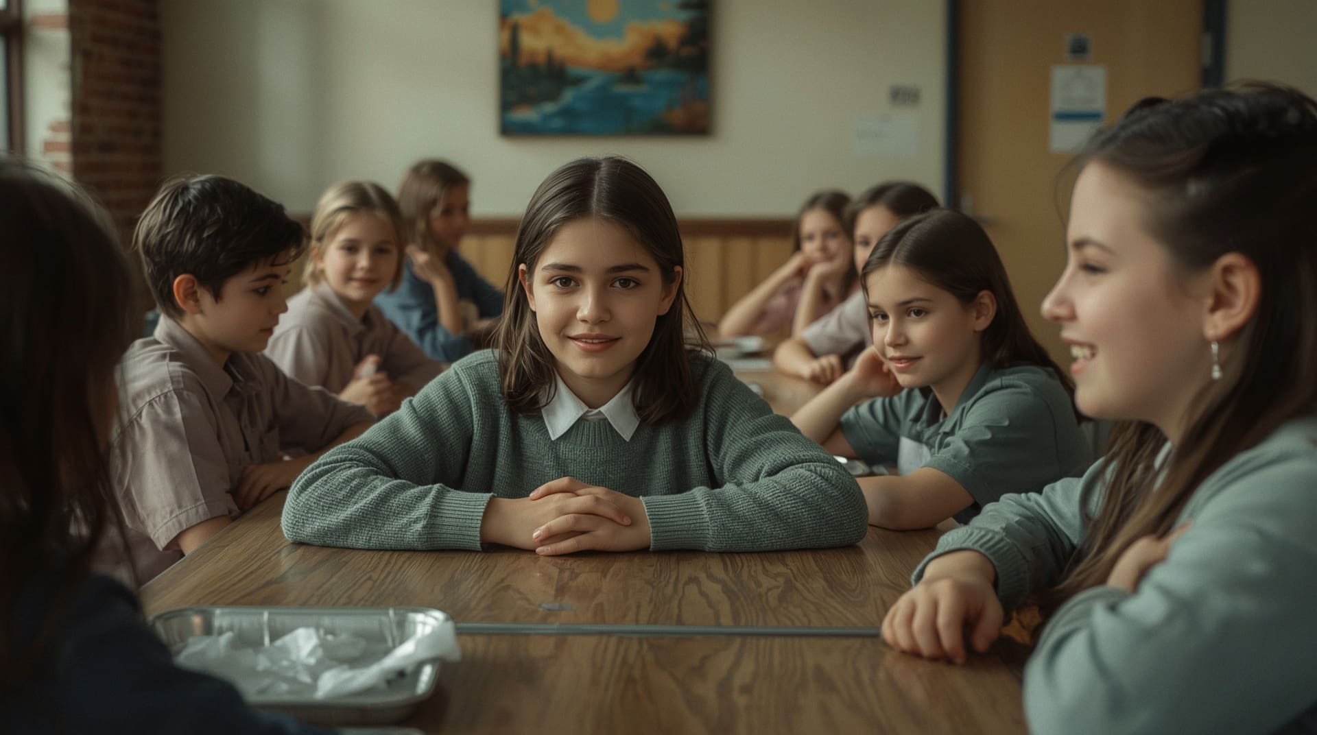 Young autistic girl masking social exhaustion while sitting calmly among school peers