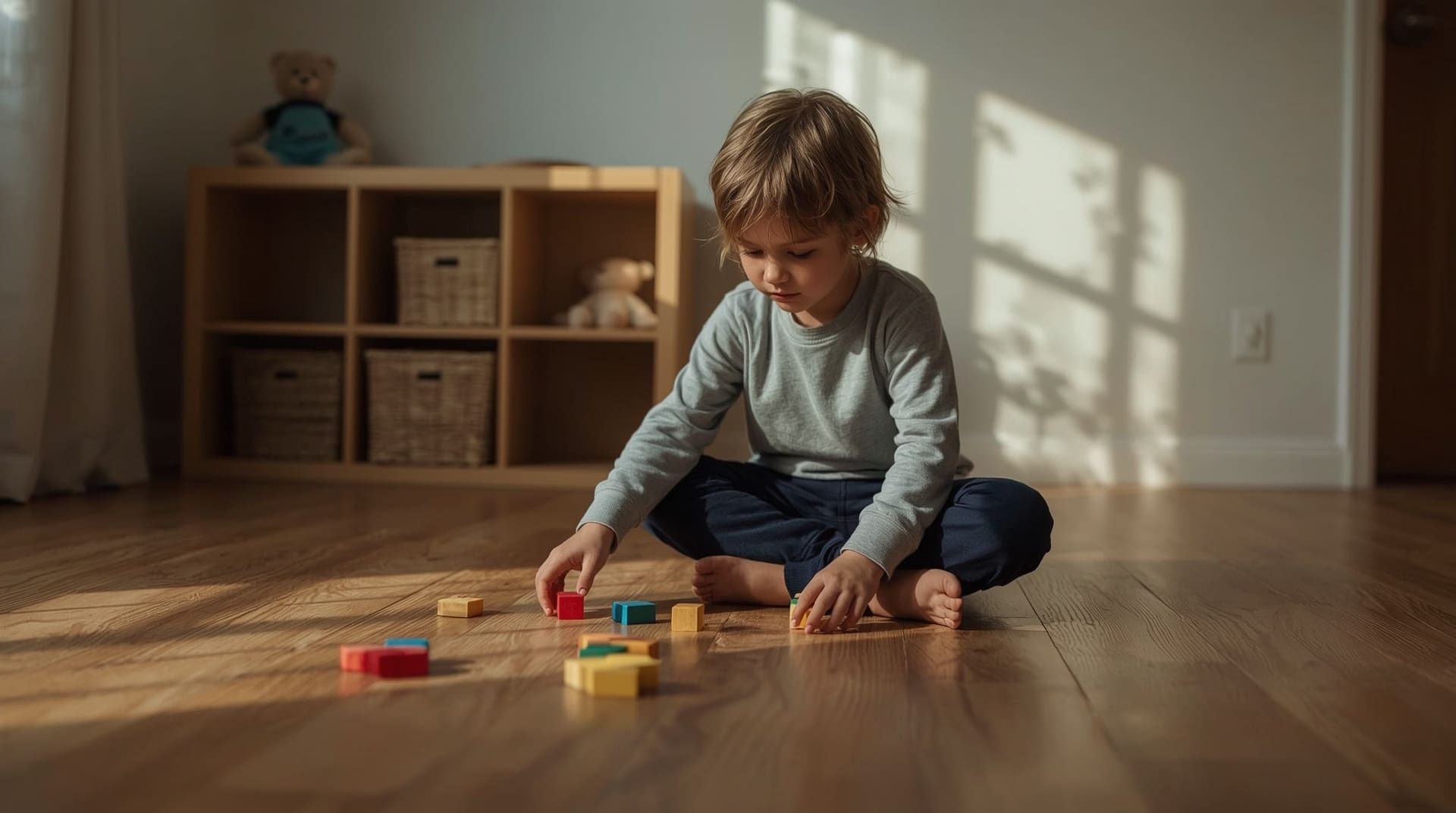 Young child arranging wooden blocks in repetitive pattern on warm playroom floor