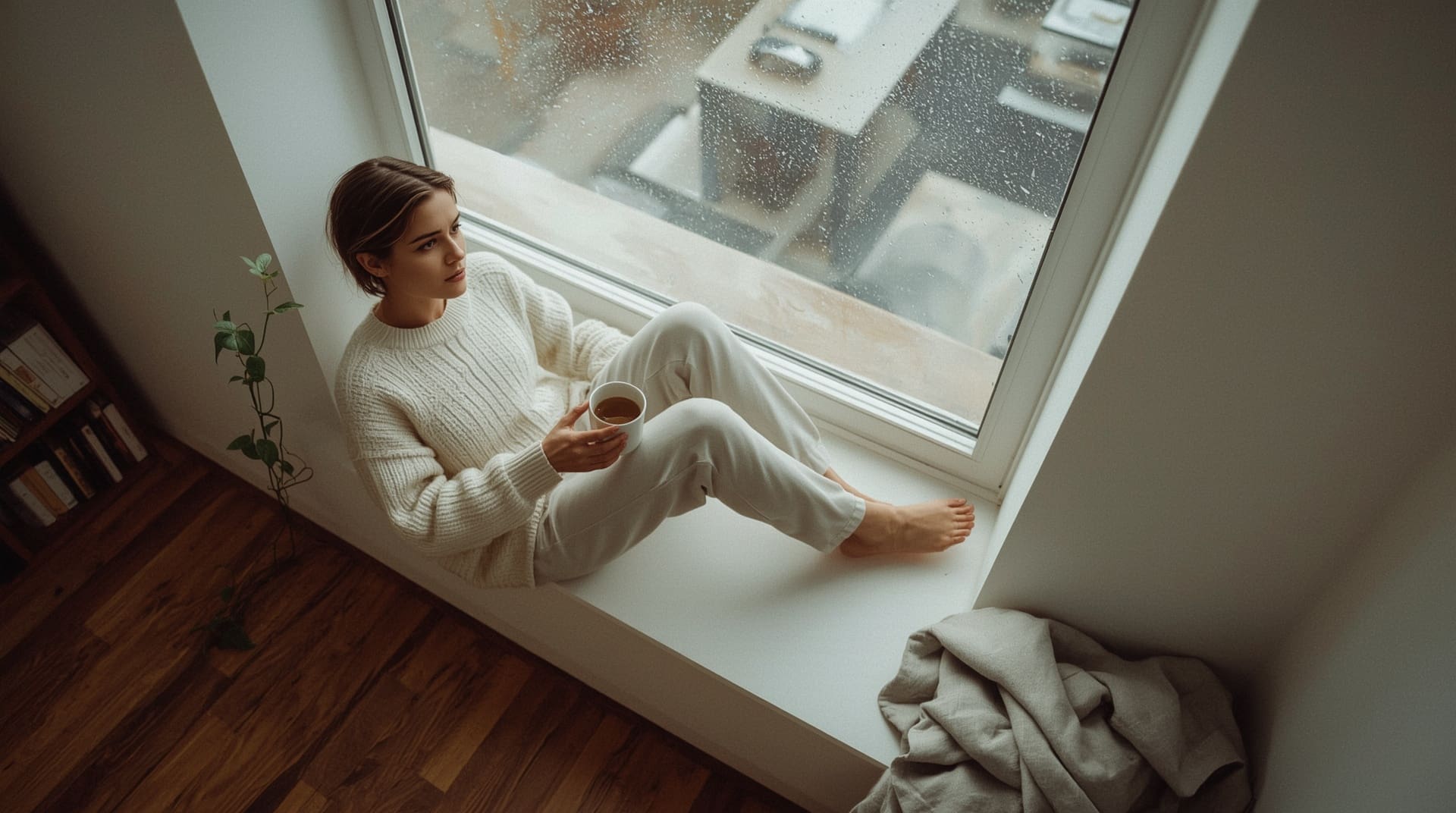 Adult seated at rainy window in quiet reflection before an important emotional appointment