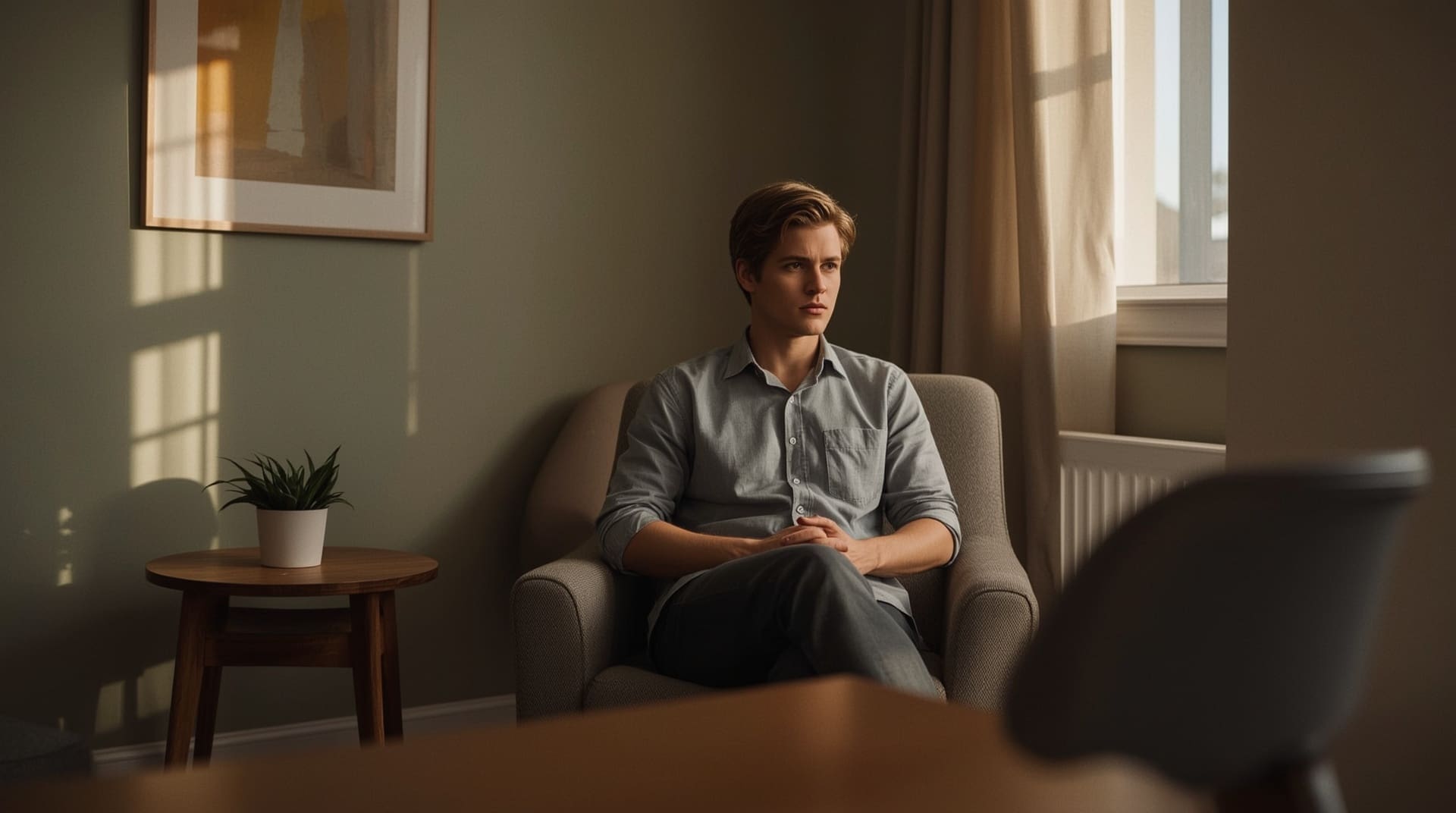 Adult sitting in calm consultation room reflecting during autism diagnosis appointment