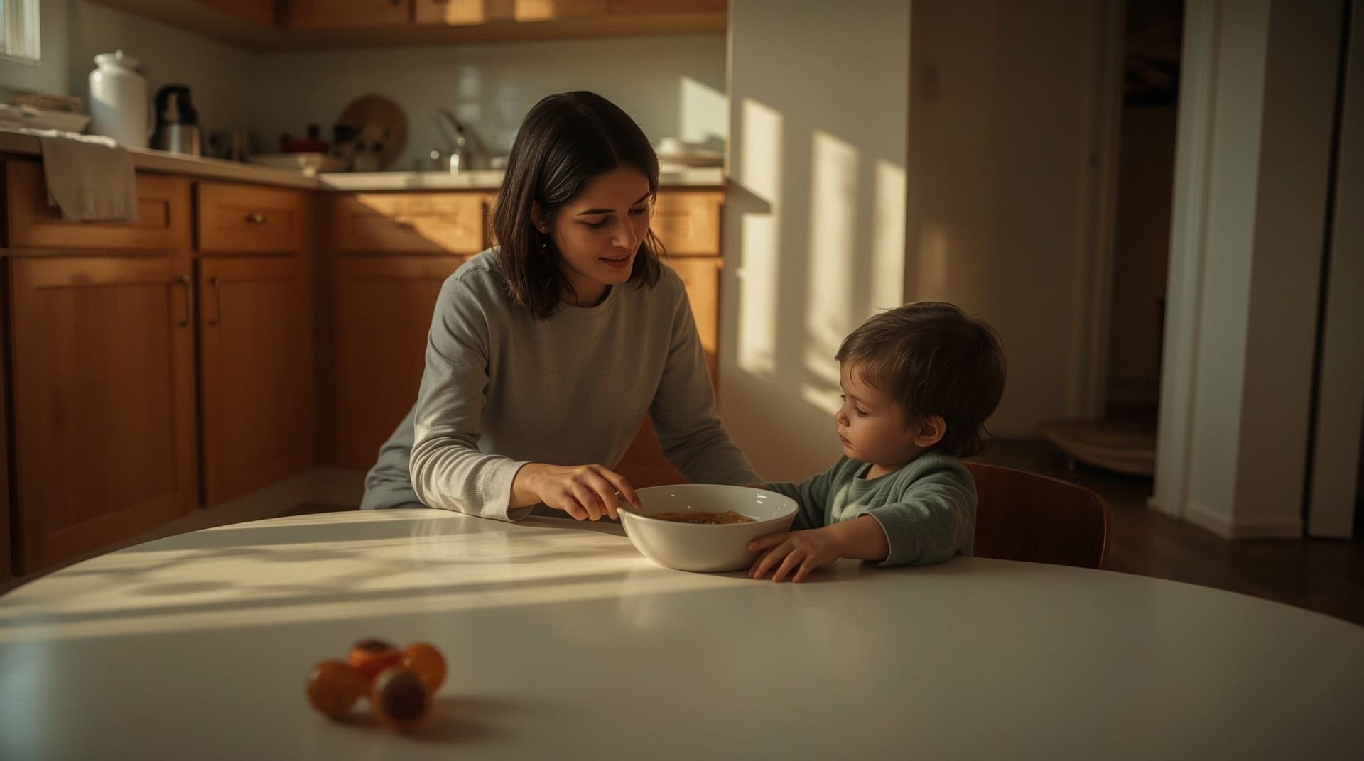 Caregiver gently guiding young child during morning mealtime routine at home