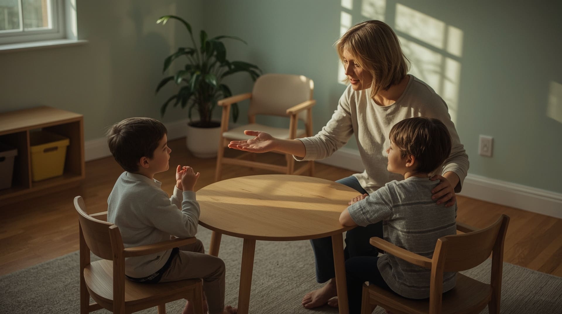 Child and therapist practicing social skills in a warm structured therapy session