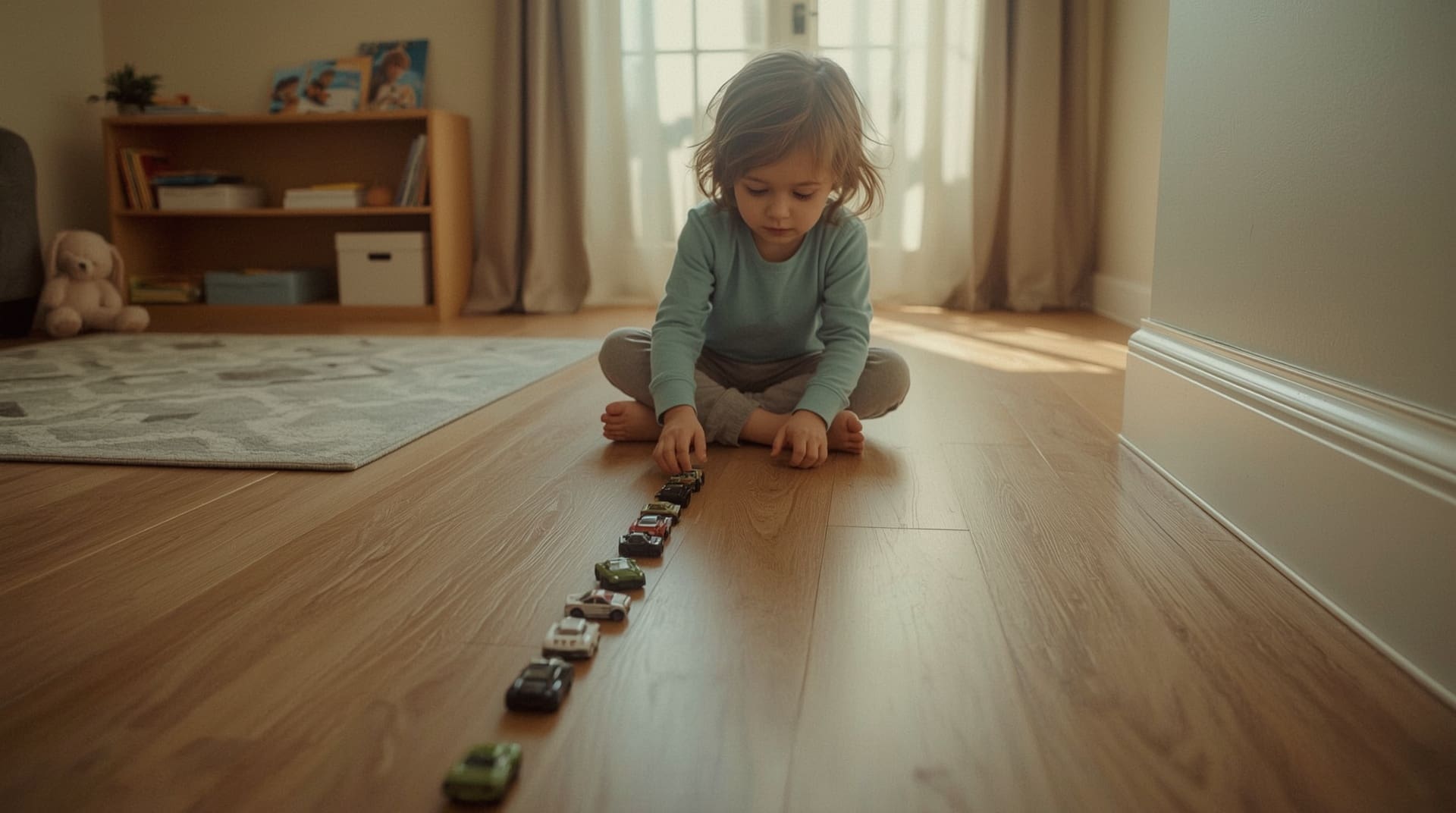 Child with autism arranging toy cars in a line on a wooden playroom floor